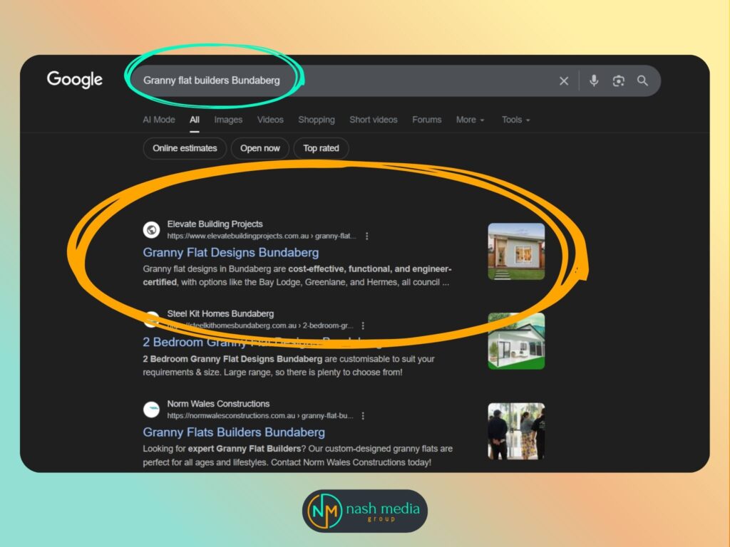 A google search bar showing Elevate Building Projects ranks 1st on Google Bundaberg searches.