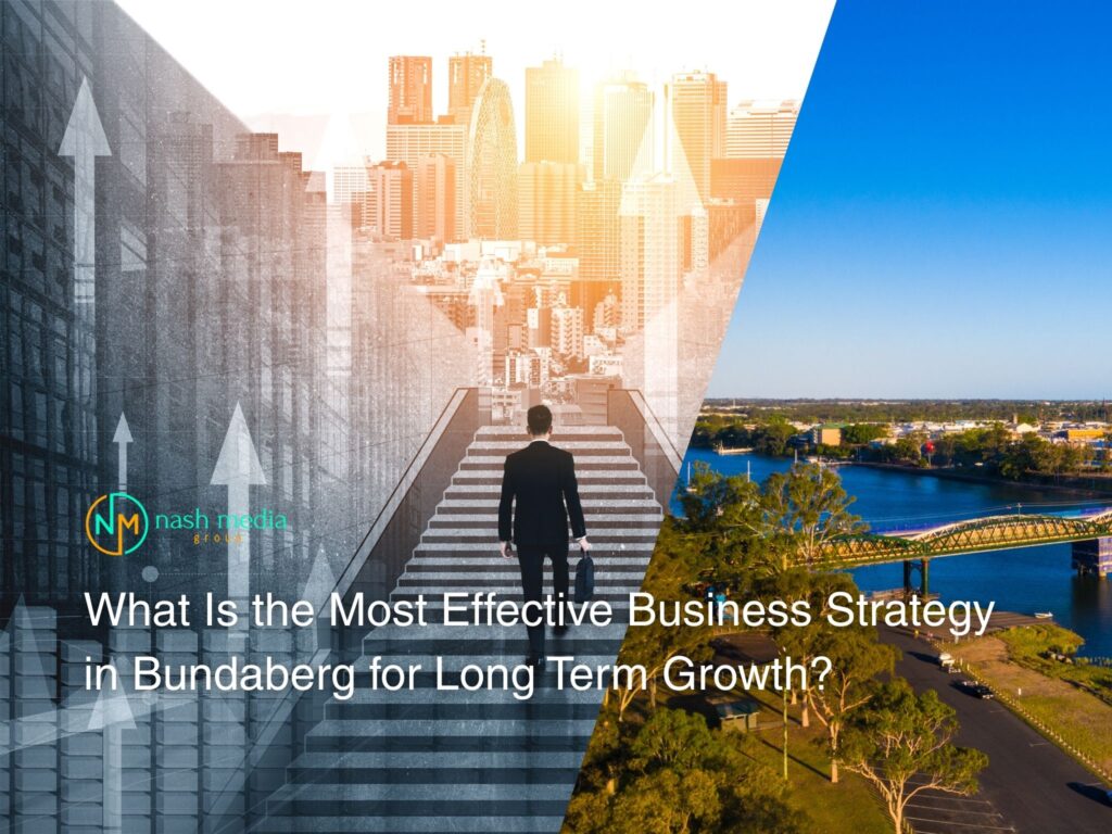 Person walking toward upward growth charts blended with Bundaberg landscape imagery