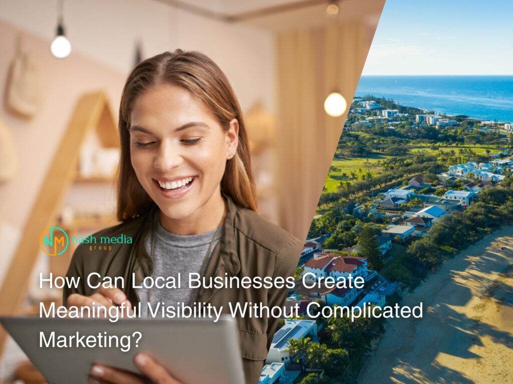 Smiling woman working on marketing tasks overlaid with Bundaberg coastal scenery
