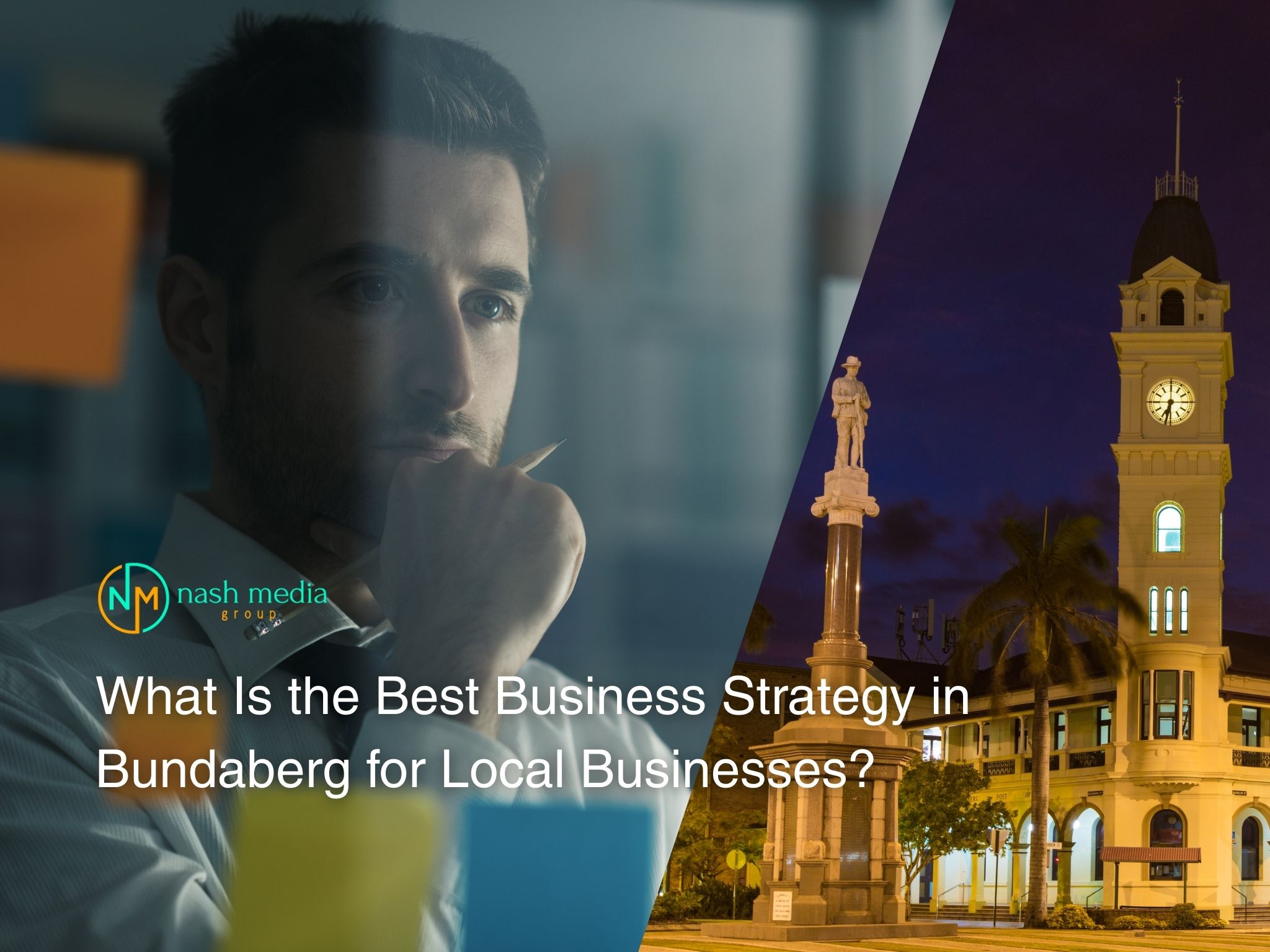 Man thinking about business strategy with Bundaberg landmarks in the background