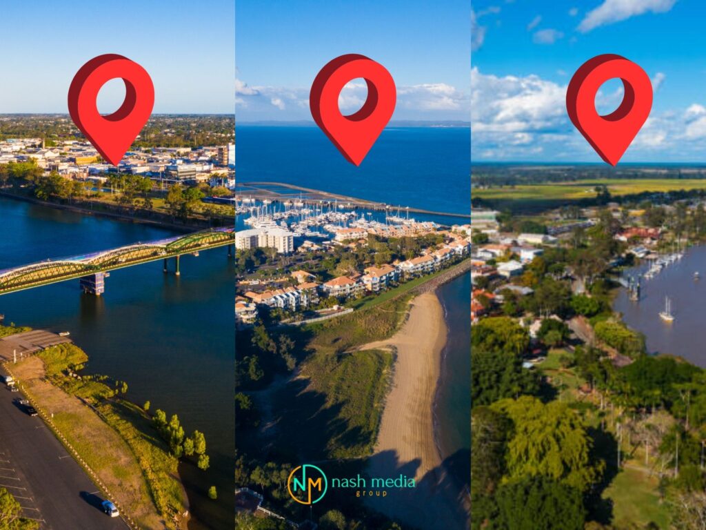 Aerial view of multiple Bundaberg locations with map pins representing lead generation for tradies