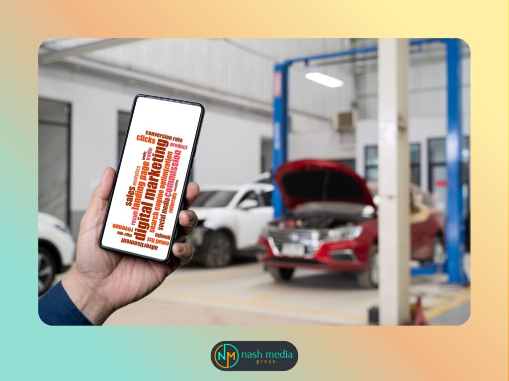An automotive workshop in Bundaberg and a mechanic holding a phone with "Digital Marketing" writings on screen.