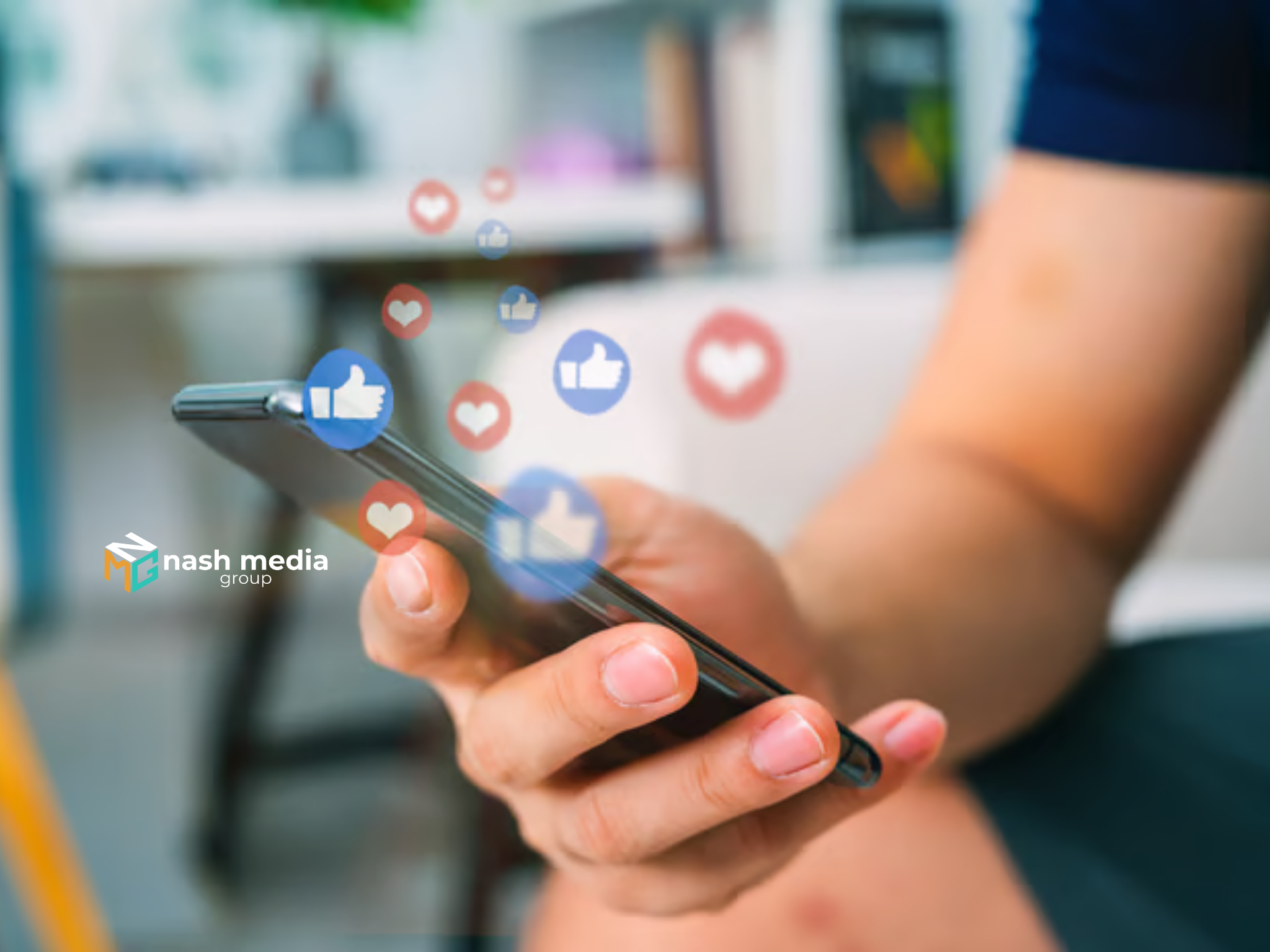 Person using smartphone with social media likes and reactions floating around