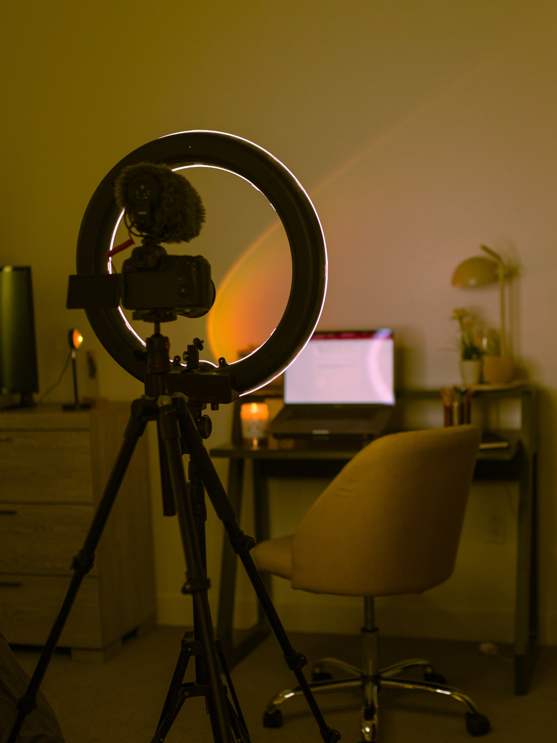 Camera and ring light setup used for creating professional social media content and video marketing