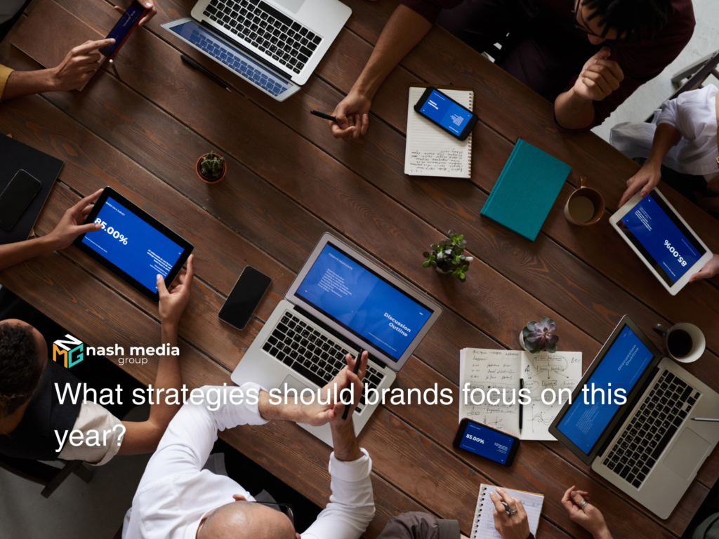 Team collaborating around a table with laptops and tablets for social media planning