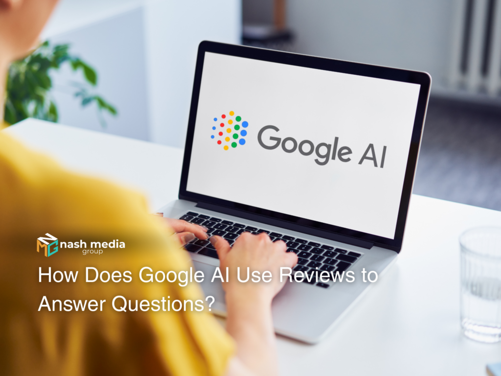 Google AI logo displayed on a laptop screen, illustrating how AI analyses reviews to answer customer questions.